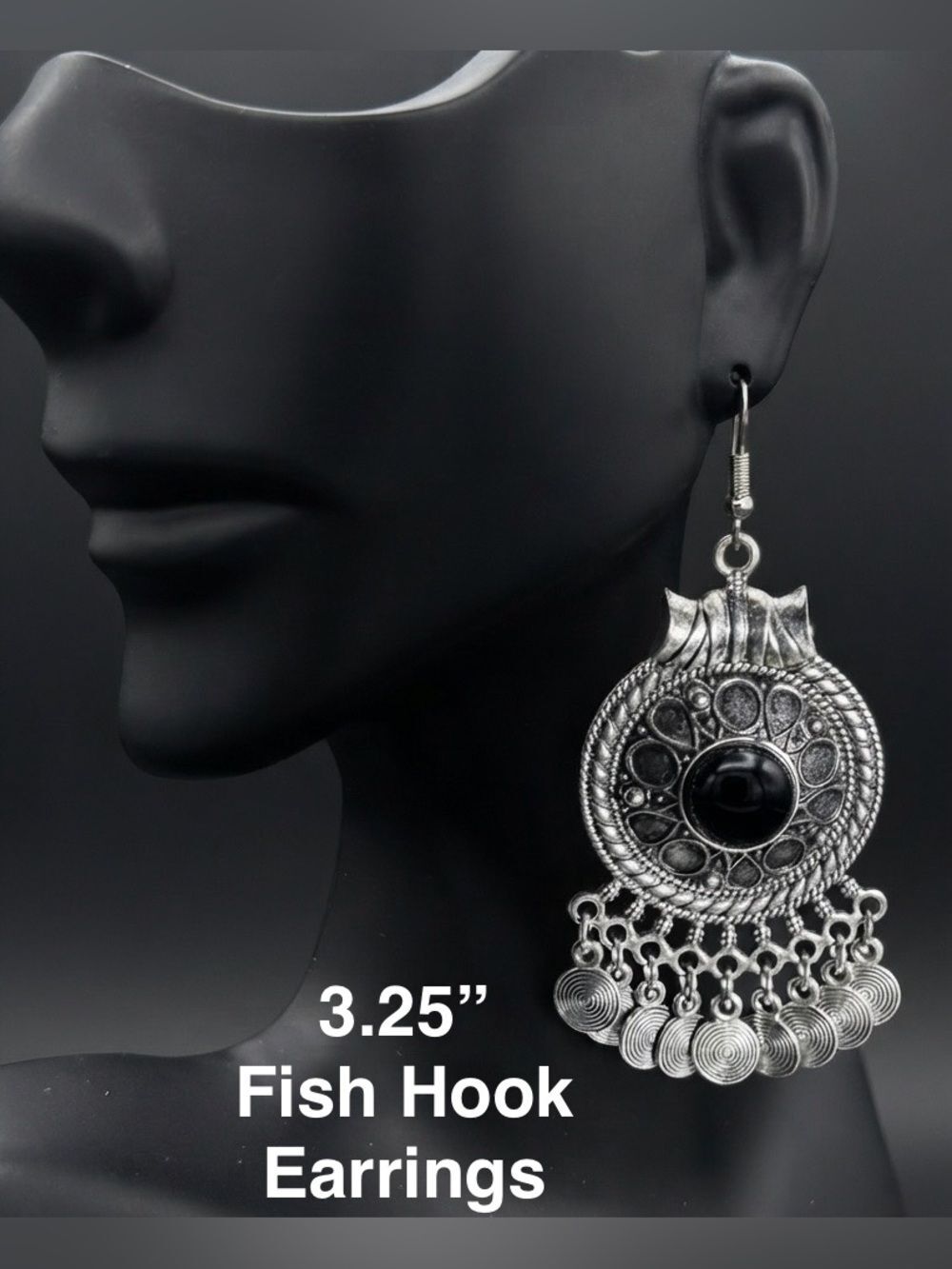 E34. Silver-tone Black Stone Fish Hook Earrings